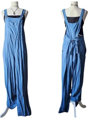 Vintage Boho Blue Wide-Leg Jumpsuit Overalls With Tie Back Waist
